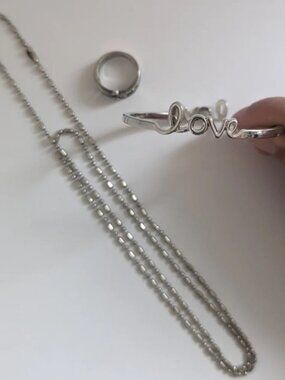 3pc Jewelry Set (Beaded Chain Necklace, "LOVE" Bracelet'  Rhinestone Ring)